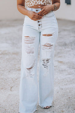 Street Patchwork Ripped Buckle High Waist Straight Denim Jeans