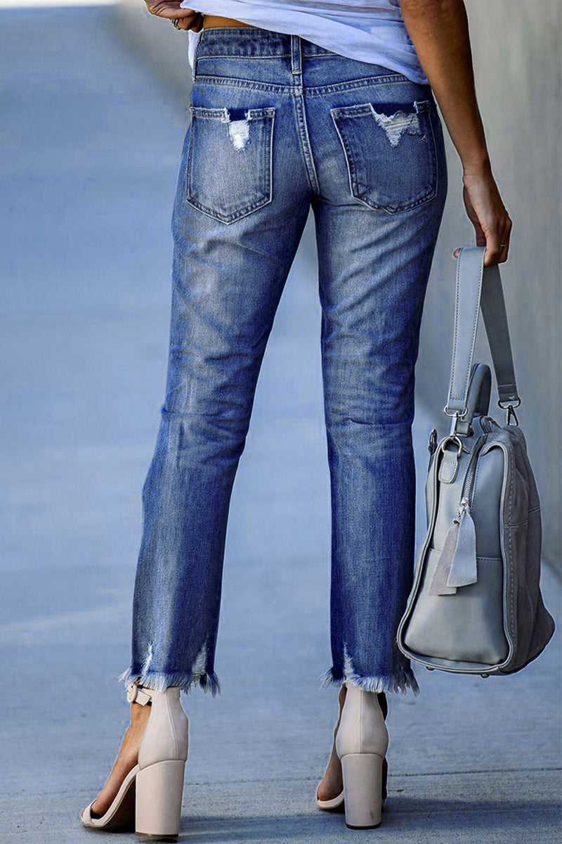 Street Solid Patchwork High Waist Skinny Denim Jeans