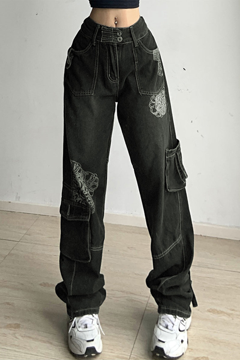 Street Print Make Old Patchwork High Waist Loose Denim Jeans