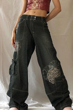 Street Print Make Old Patchwork High Waist Loose Denim Jeans