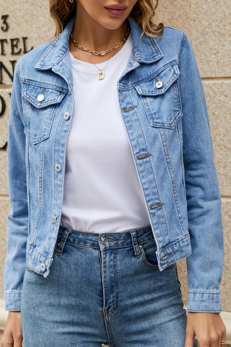 Street Elegant Solid Pocket Turndown Collar Long Sleeve Regular Denim Jacket(7 Colors)