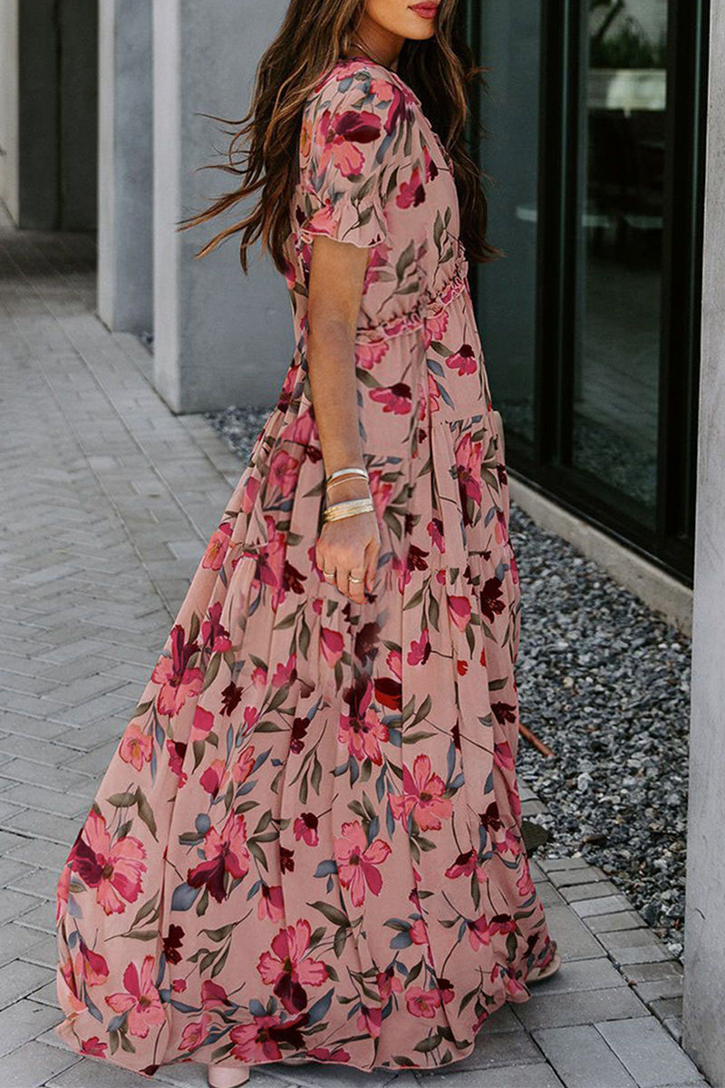 Sweet Elegant Floral Patchwork V Neck Waist Skirt Dresses