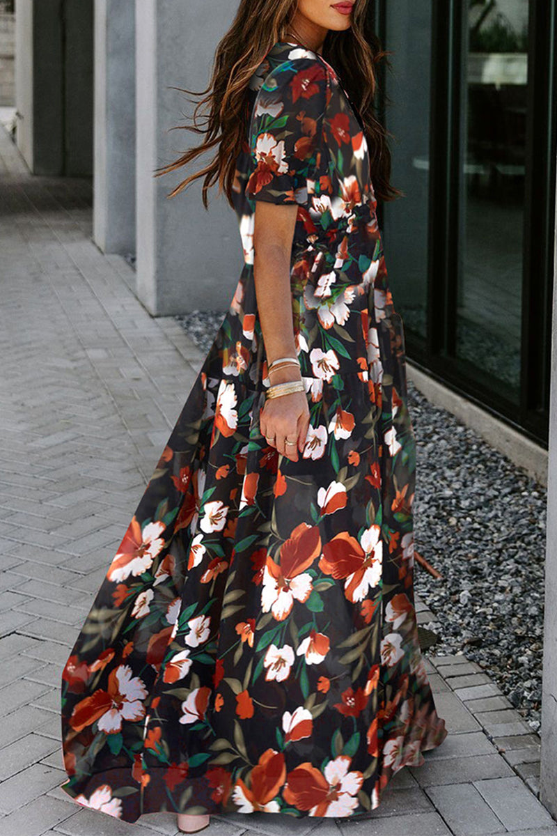 Sweet Elegant Floral Patchwork V Neck Waist Skirt Dresses