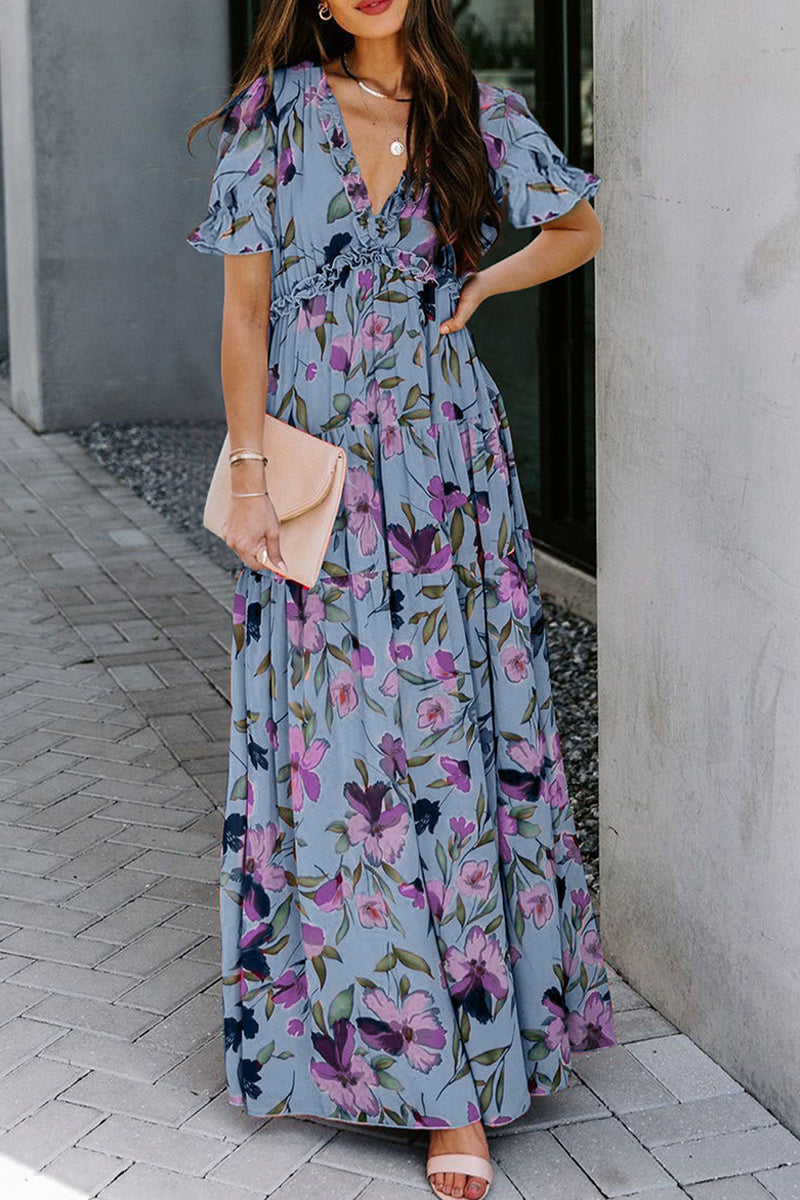 Sweet Elegant Floral Patchwork V Neck Waist Skirt Dresses