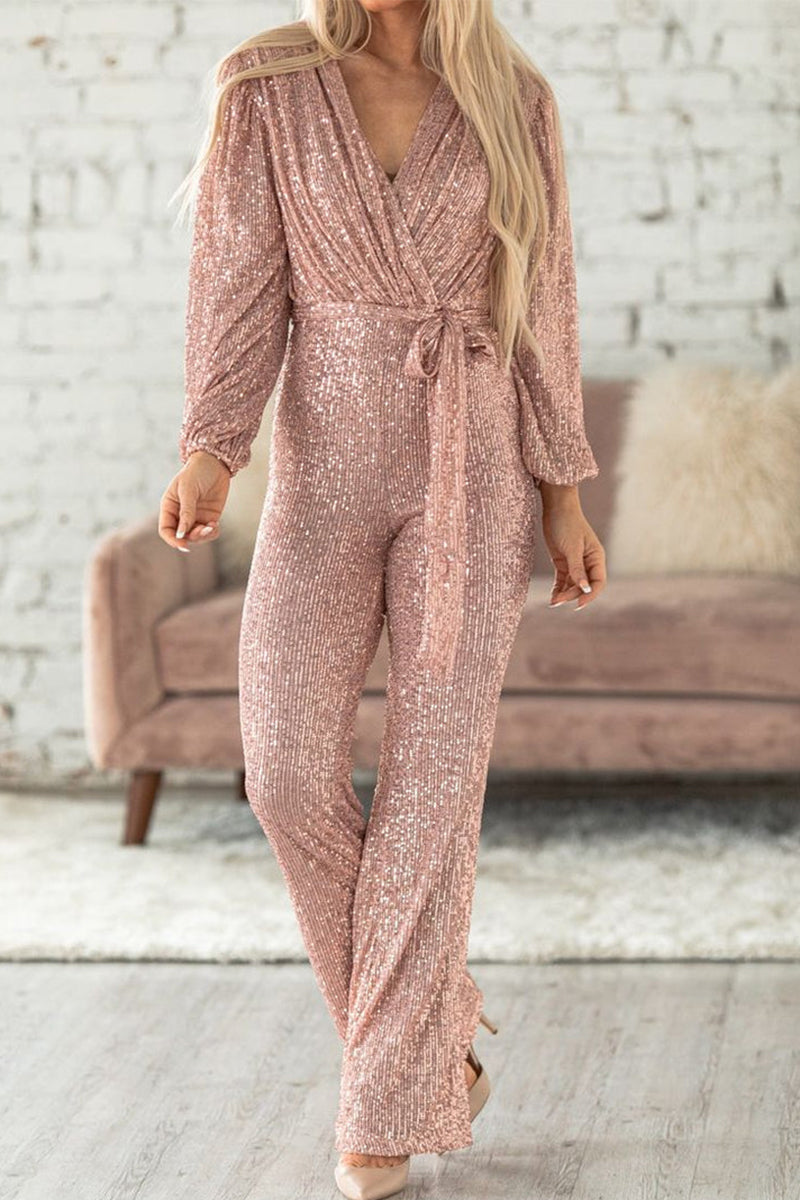 Casual Elegant Solid Sequins V Neck Regular Jumpsuits