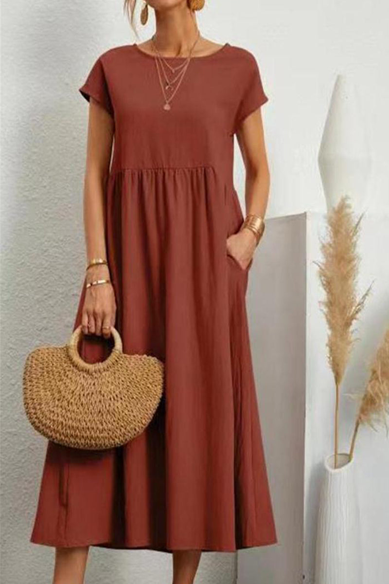 Casual Daily Solid Pocket O Neck Short Sleeve Dress