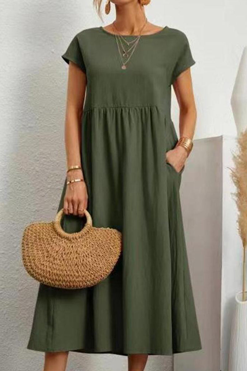 Casual Daily Solid Pocket O Neck Short Sleeve Dress