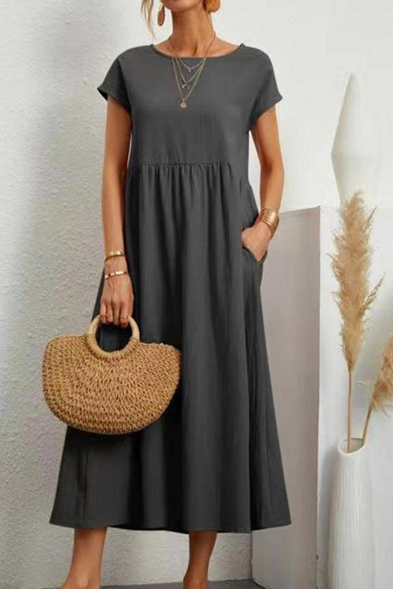 Casual Daily Solid Pocket O Neck Short Sleeve Dress