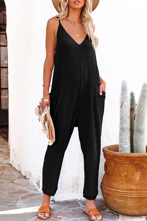 Casual Solid Solid Color V Neck Loose Jumpsuits