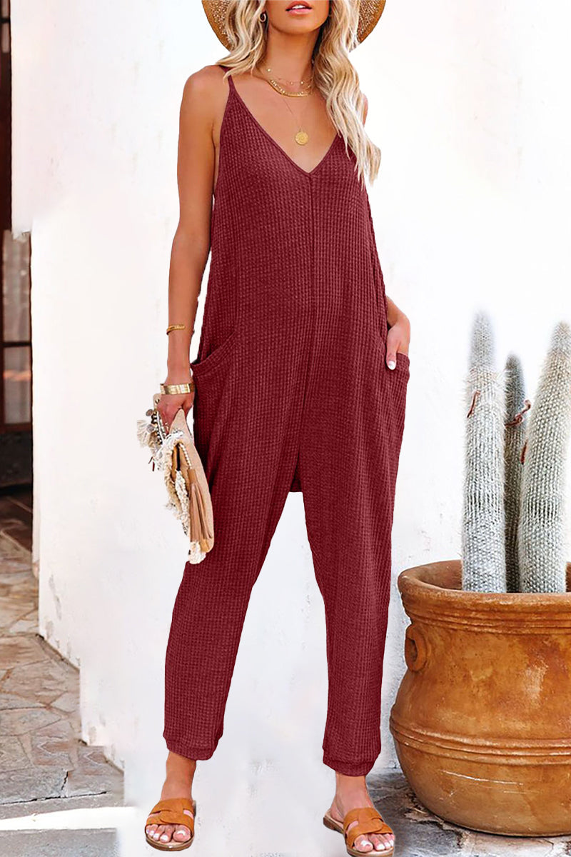 Casual Solid Solid Color V Neck Loose Jumpsuits