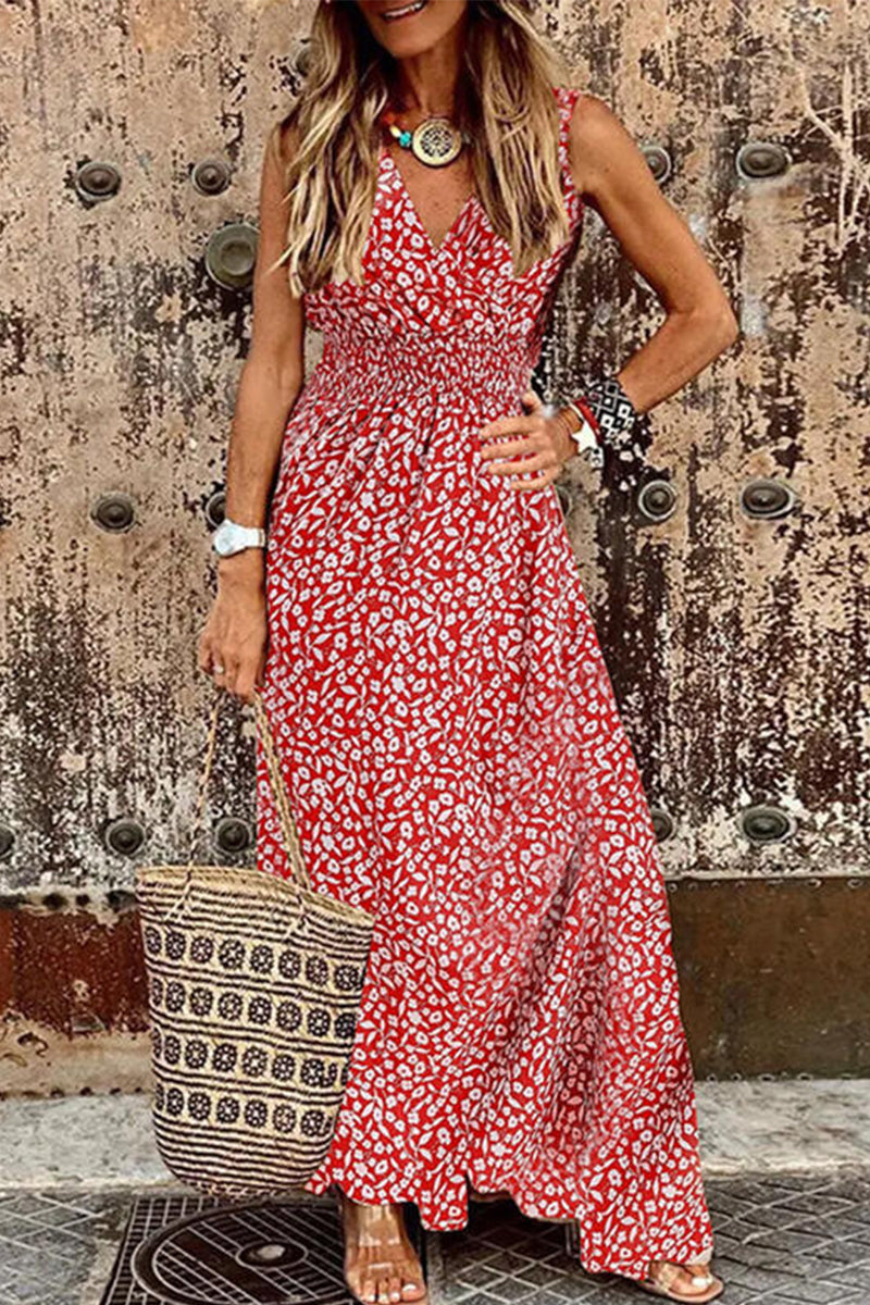 Elegant Vacation Print Patchwork V Neck Sling Dress Dresses