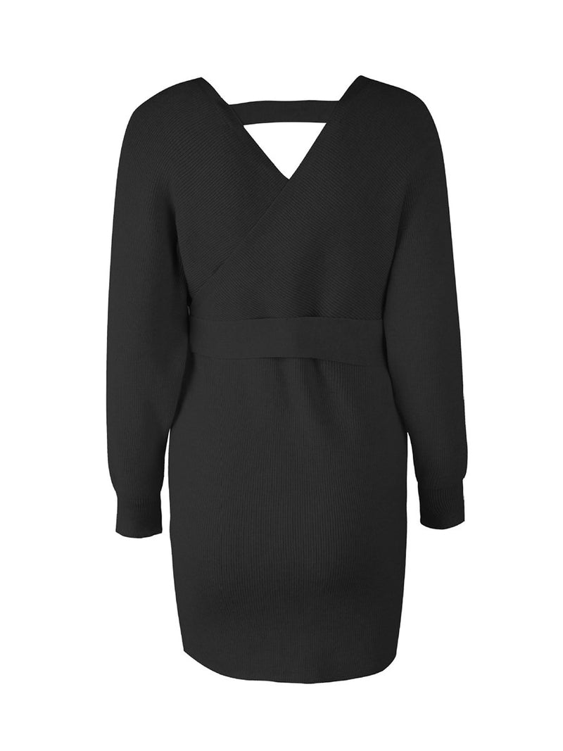 V-neck Knit Waist Belt Long Sleeves Sweater Dress