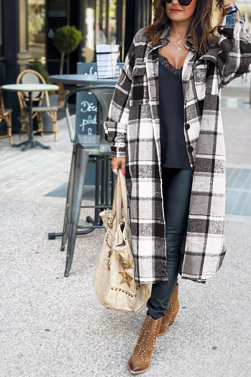 Lapel Plaid Print Woolen Long Coat