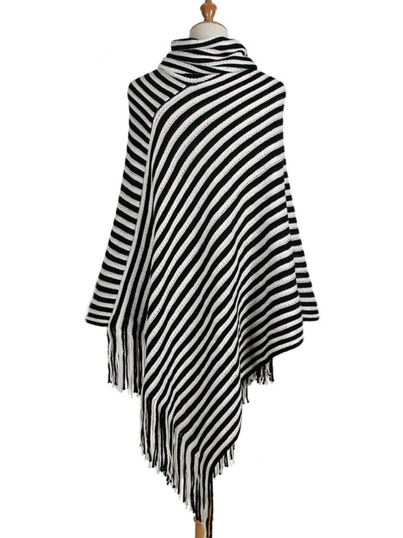 Striped Cape With Turtleneck Knitted Pullover