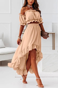 Off Shoulder Crop Top High Low Hem Skirt Ruffle Set