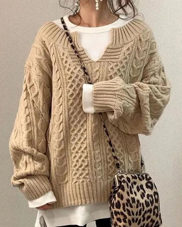 Tiny V Neck Hand Twist Sweater