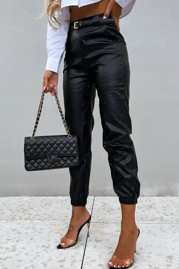 Don't Rush It PU Leather High Waist Cuffed Pants