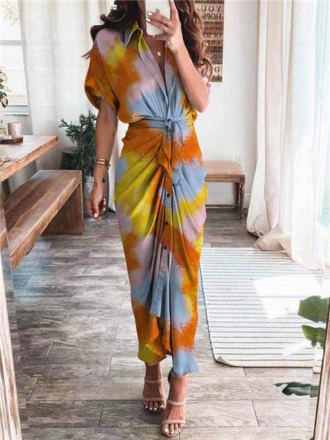 Short Sleeve Collar Sleeve Button Down Maxi Dress