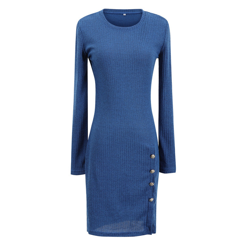 Round Neck Long Sleeve Side Split Mini Dress