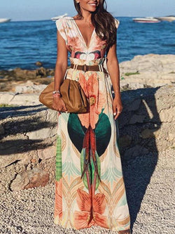 Deep V Neck Floral Sleeveless Loose Wide Leg Long Jumpsuit