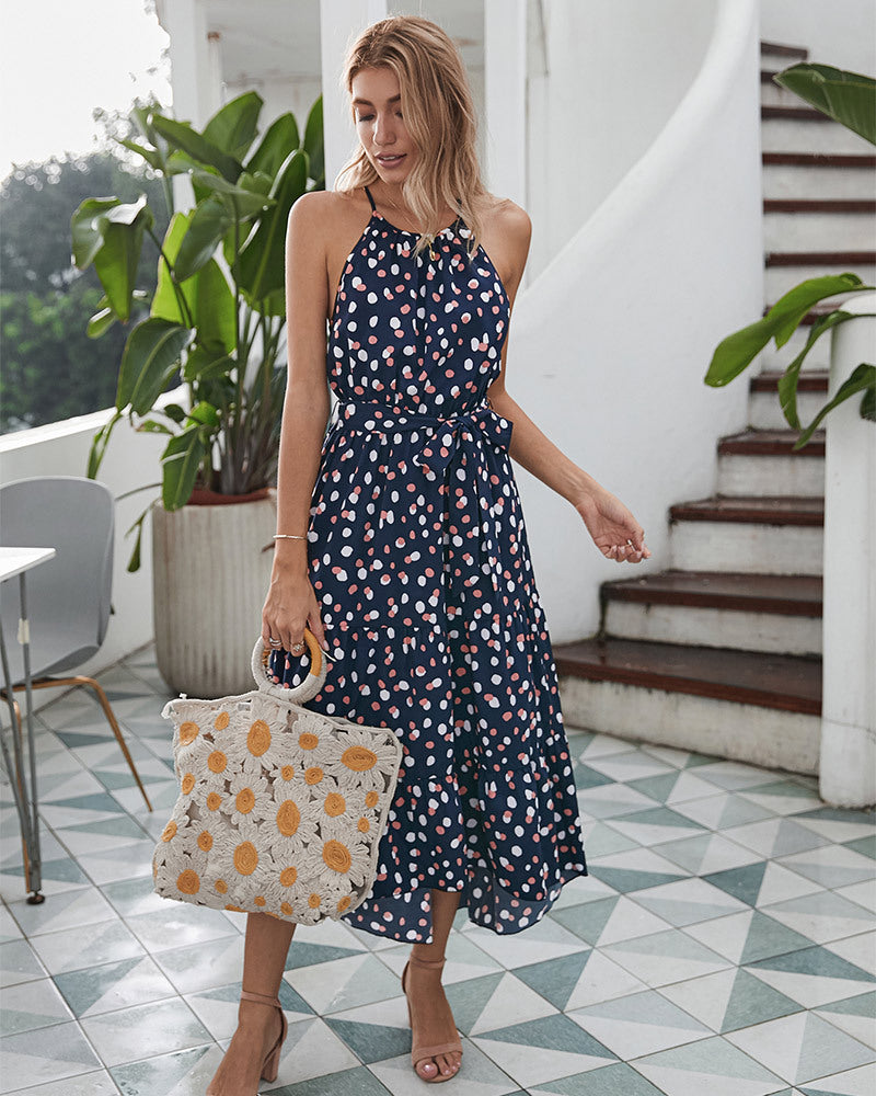 Sleeveless Round Neck Belted Printed Maxi Dress