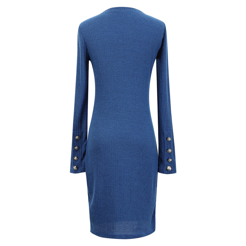 Round Neck Long Sleeve Side Split Mini Dress