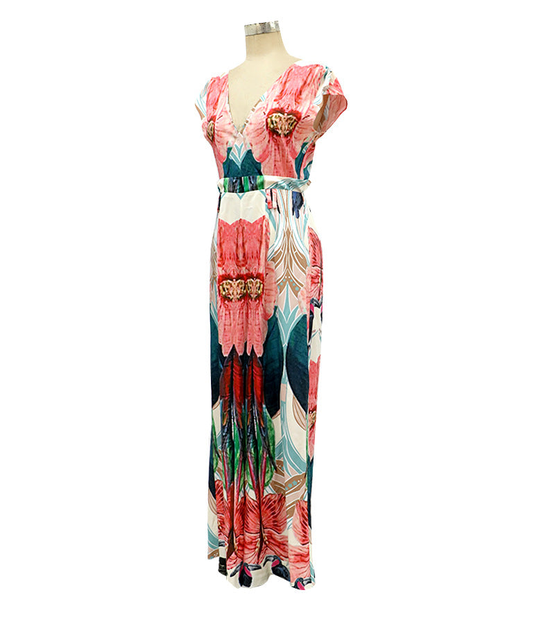 Deep V Neck Floral Sleeveless Loose Wide Leg Long Jumpsuit