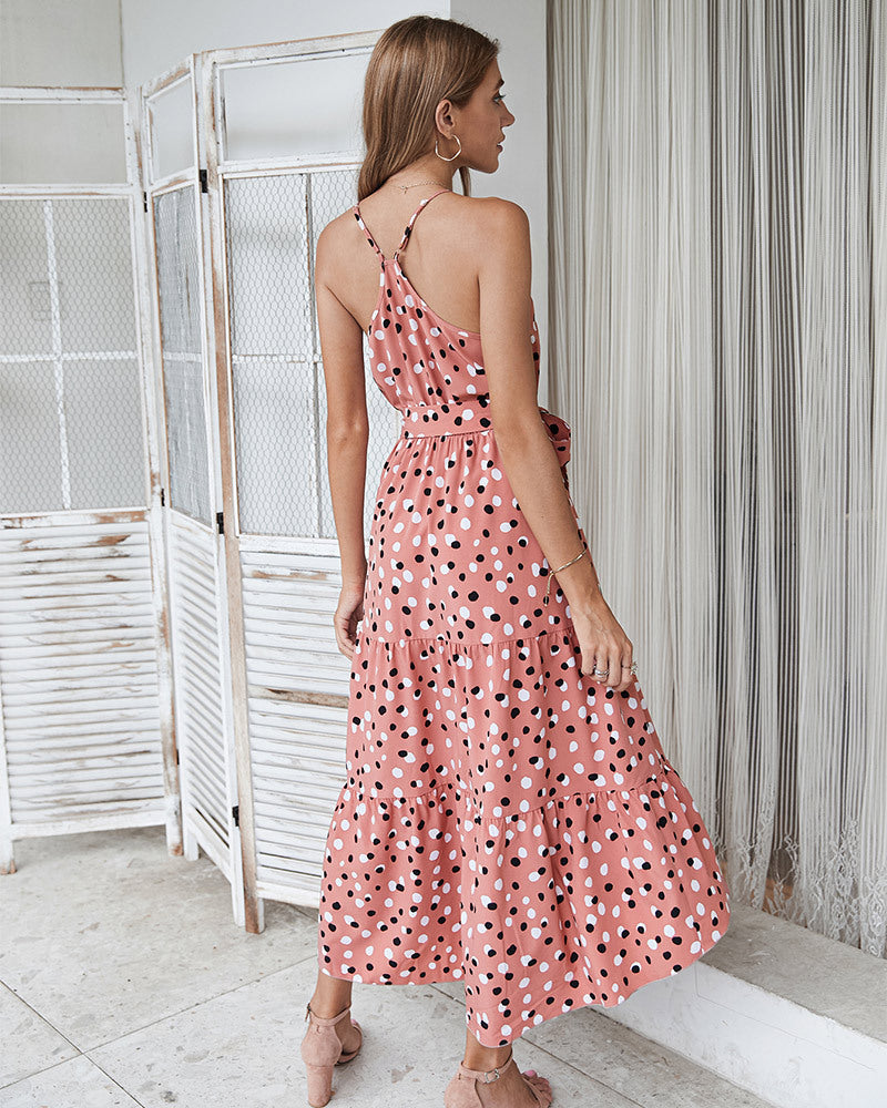 Sleeveless Round Neck Belted Printed Maxi Dress