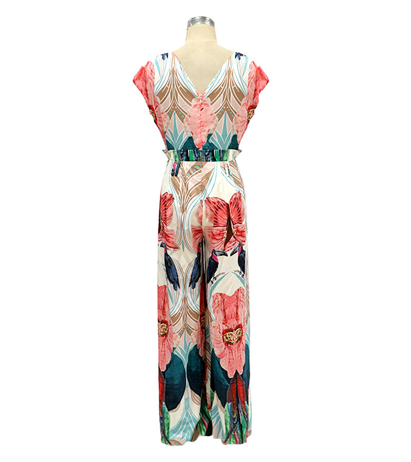 Deep V Neck Floral Sleeveless Loose Wide Leg Long Jumpsuit