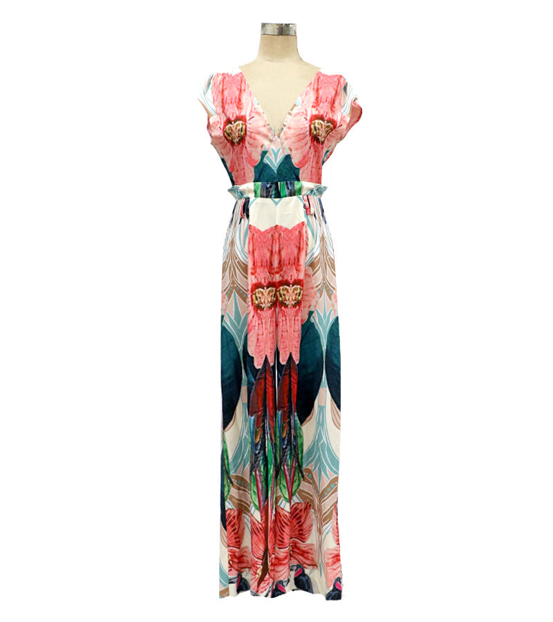 Deep V Neck Floral Sleeveless Loose Wide Leg Long Jumpsuit