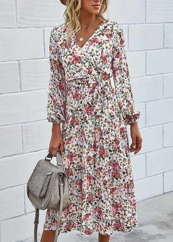 Printed V Neck Long Sleeve Maxi Dress