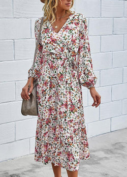 Printed V Neck Long Sleeve Maxi Dress