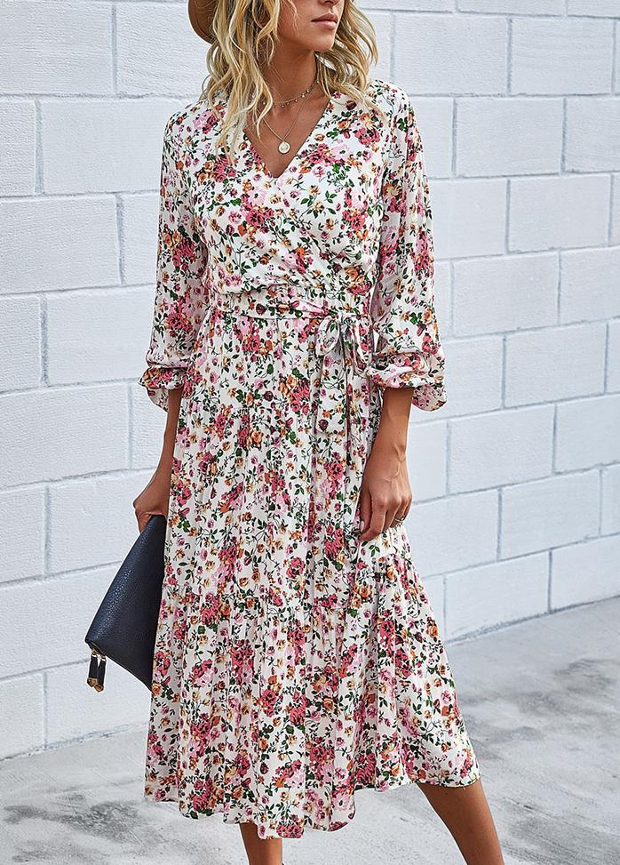 Printed V Neck Long Sleeve Maxi Dress