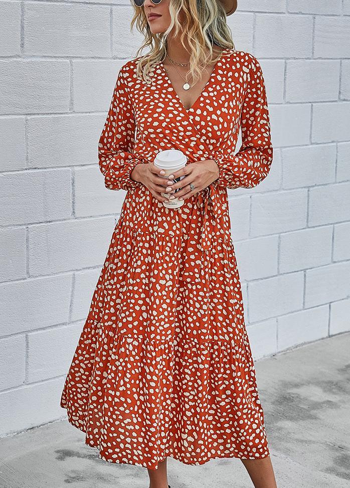 Printed V Neck Long Sleeve Maxi Dress