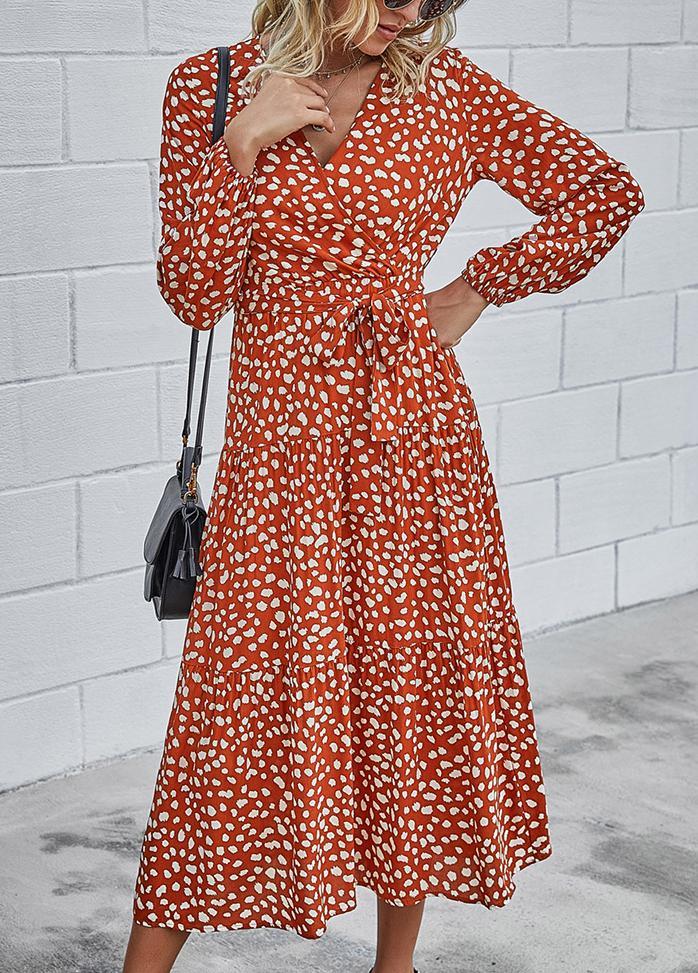 Printed V Neck Long Sleeve Maxi Dress