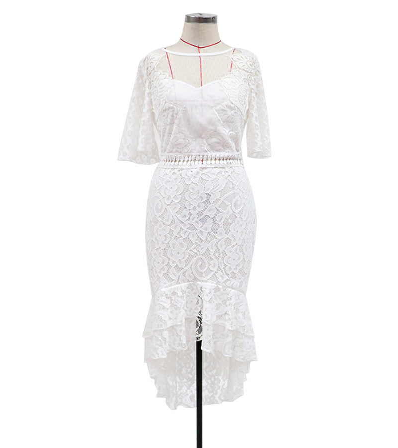 Lace Short Sleeve High Low Maxi Dress