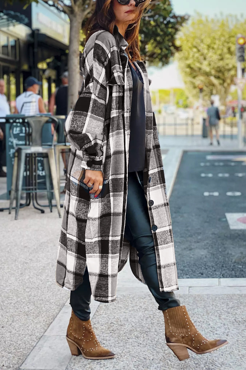 Lapel Plaid Print Woolen Long Coat