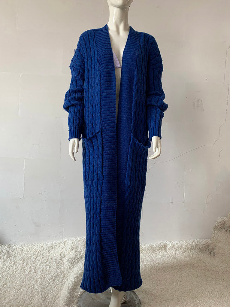 Open Front Pocketed Knitted Maxi Cardigan Sweater