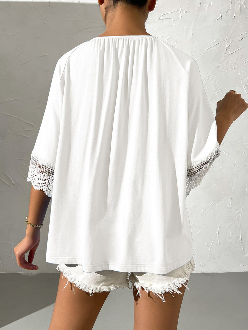 Women's T-Shirts Loose Round Neck Lace Short Sleeve T-Shirt