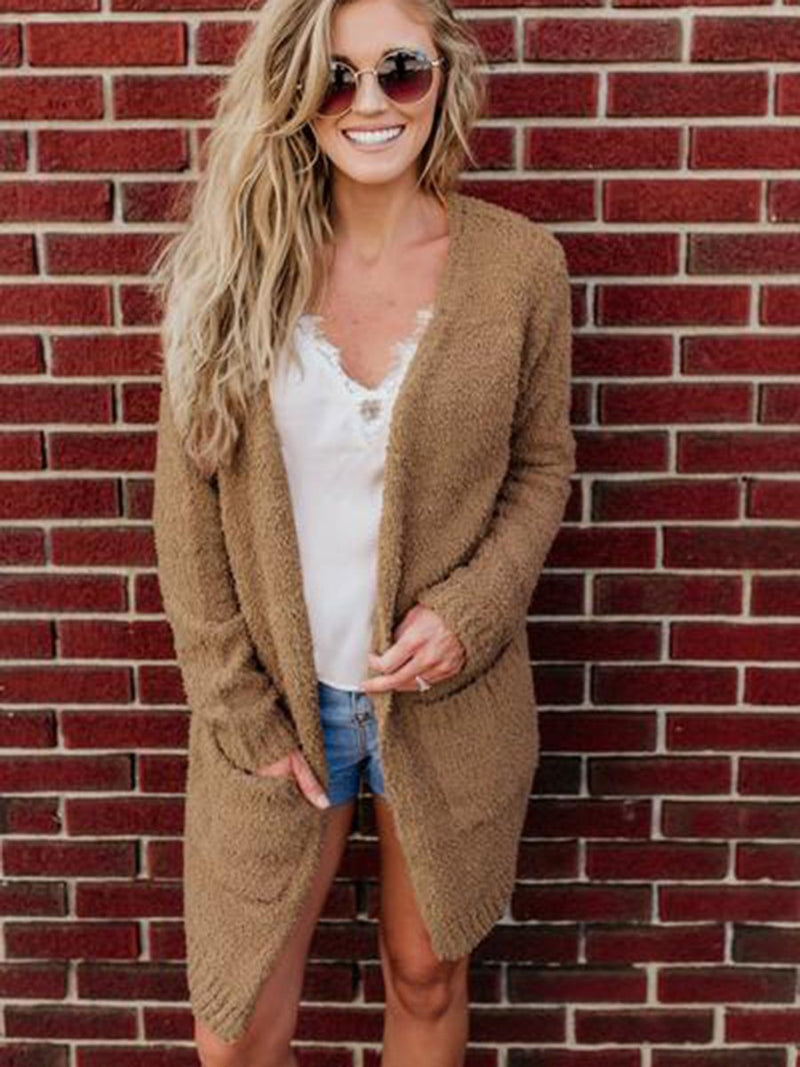 Open Front Large Pockets Long Sleeves Cardigan