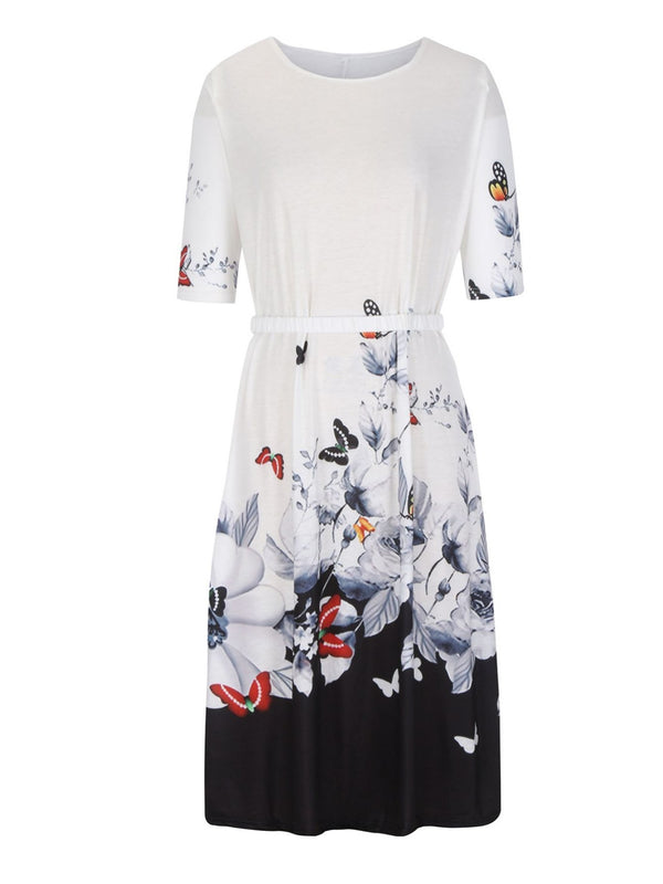 Casual Floral Printed Crew Neck Midi Dress