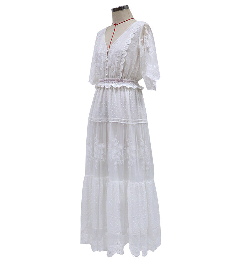 Chiffon Lace Short Sleeve Boho V Neck Maxi Dress