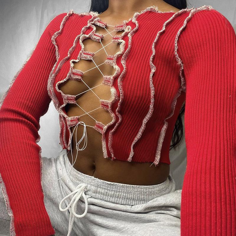 Patchwork Lace Up Long Sleeve Crop Tops