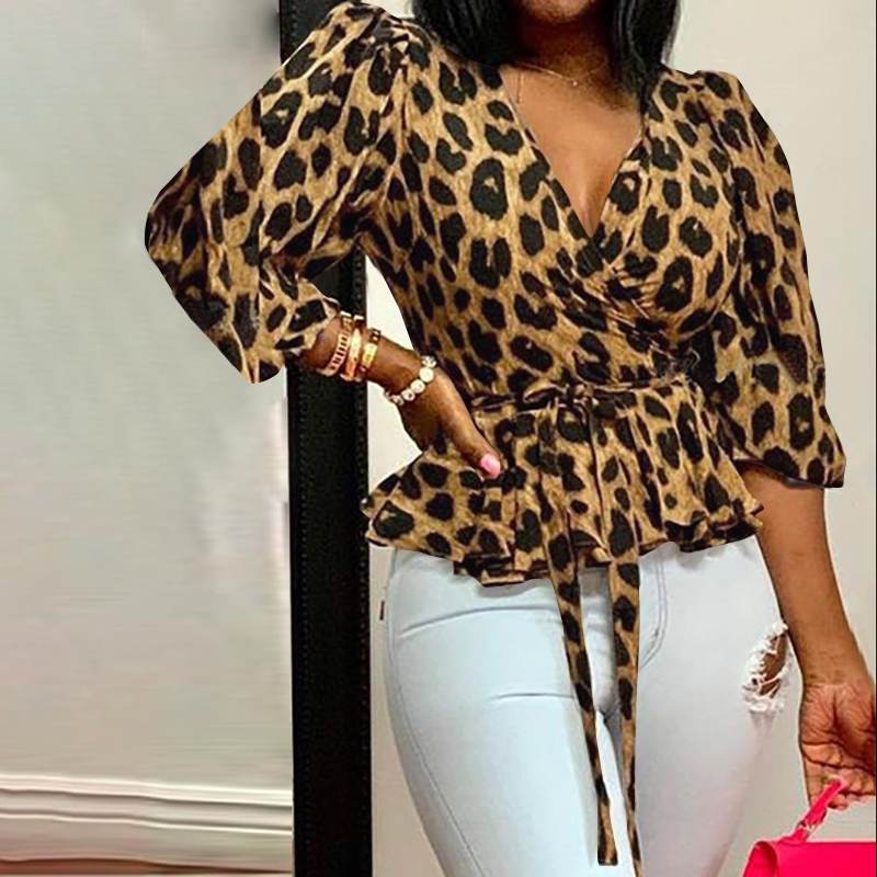 Short Sleeve Cross V Neck Tie Front Leopard Blouse Top