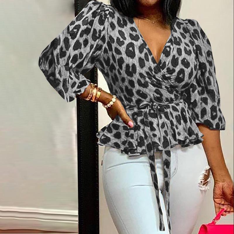 Short Sleeve Cross V Neck Tie Front Leopard Blouse Top