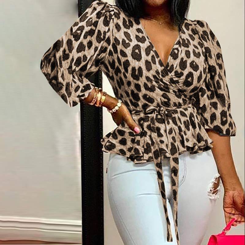 Short Sleeve Cross V Neck Tie Front Leopard Blouse Top