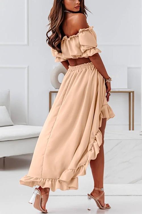 Off Shoulder Crop Top High Low Hem Skirt Ruffle Set