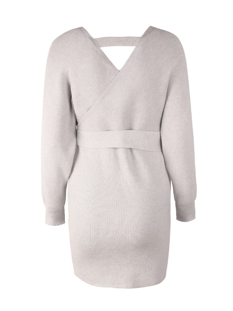 V-neck Knit Waist Belt Long Sleeves Sweater Dress