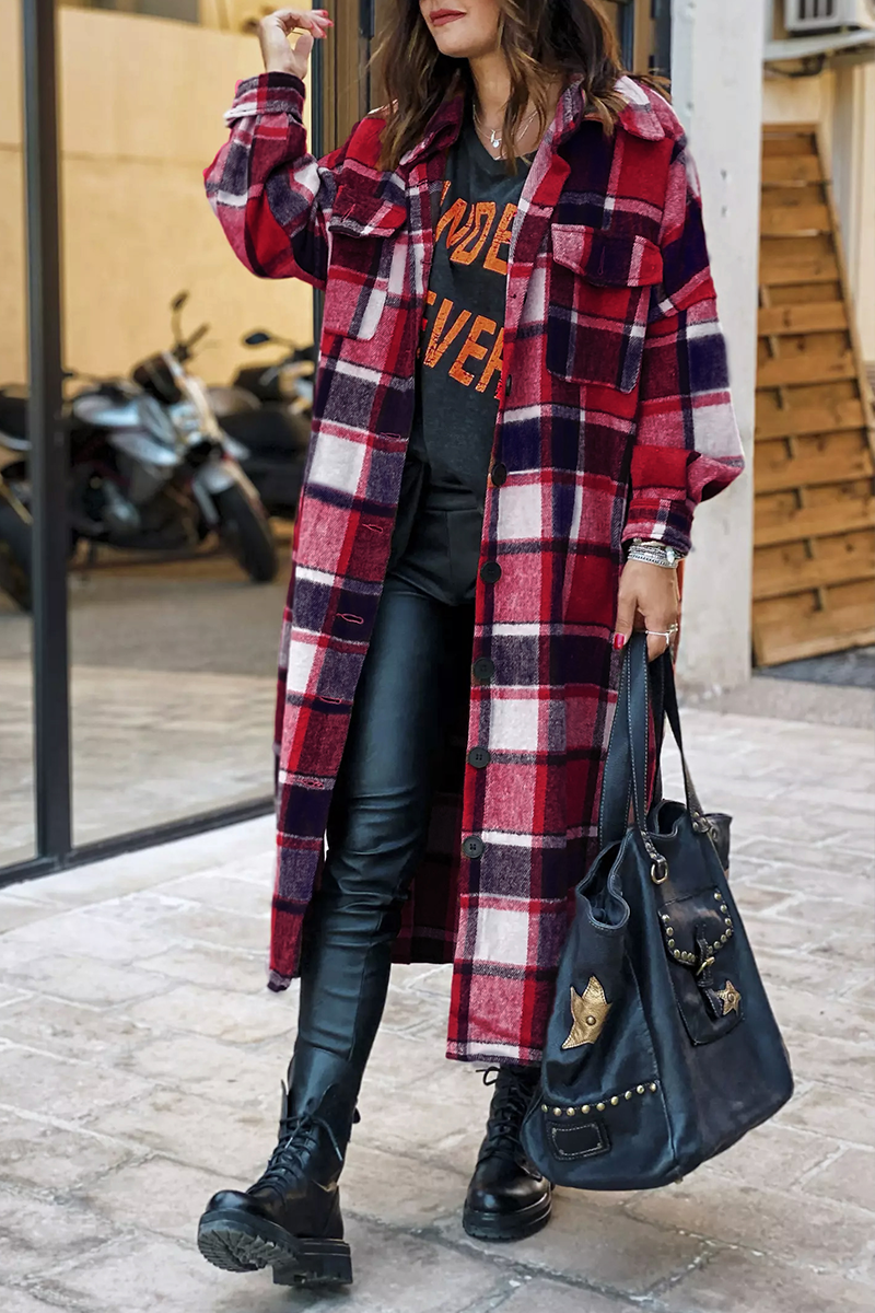 Lapel Plaid Print Woolen Long Coat