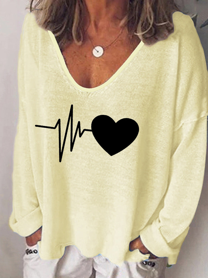 Women's T-Shirts Heartbeat Print V-Neck Long Sleeve T-Shirt